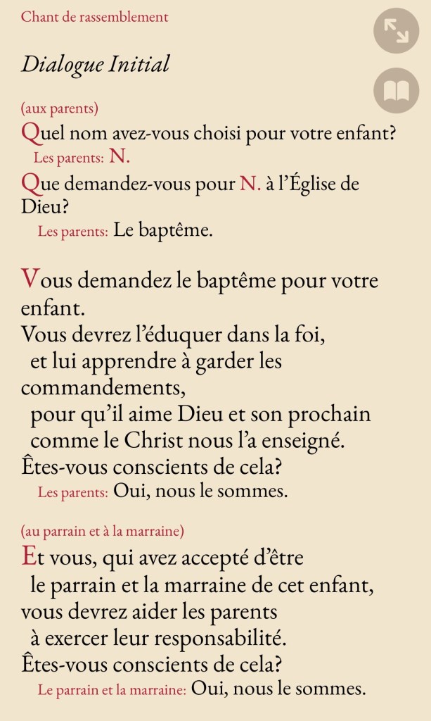 Screenshot of iBreviary giving the French text of the initial dialogue of the baptism rite, just for an illustration 
